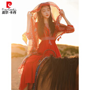 皮爾卡丹（pierre cardin）紅色連衣裙子沙漠異域風(fēng)情服裝大西北拍照民族風(fēng)新疆旅游穿搭女裝 連衣裙+披肩 L 建議115-125斤