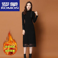 羅蒙（ROMON）高檔羊毛加絨加厚款配衣長款過膝針織連衣裙女秋冬百搭半高領(lǐng)打底 加絨加厚蕾絲A版型：  黑色 L 建議95-110斤