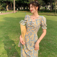 DWRW衣服女2025新款短袖碎花連衣裙夏裝女超仙顯瘦辣妹裝溫柔風(fēng)仙女裙 菊花色166有內(nèi)襯[好面料雙層] M