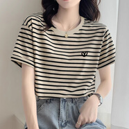TAGD輕奢高端品牌 條紋短袖T恤女2025夏季新款時(shí)尚洋氣上衣休閑打底衫 奶杏色（側邊簡(jiǎn)約小愛(ài)心款） M （建議80-100斤）