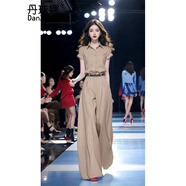 丹珠娜（DanZhuNa）休閑褲女裝夏季簡(jiǎn)約搭配一整套時(shí)尚氣質(zhì)襯衫闊腿褲兩件套裝女衣服 卡其色上衣+卡其色褲子 M