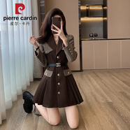 皮爾卡丹（pierre cardin）法式赫本風(fēng)百褶裙2025新款感長(cháng)袖職業(yè)西裝連衣裙女裝春秋冬季 咖啡色 【配腰帶】 L 【108-119斤】