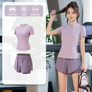 百思絨瑜伽服短袖套裝女專業(yè)速干衣網(wǎng)紗運(yùn)動(dòng)套裝夏季新款透氣跳繩健身服 紫色兩件套（灰咖紫褲） M