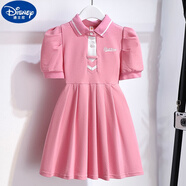 迪士尼（Disney）女童連衣裙兒童夏天學(xué)院風(fēng)裙子polo六七八歲女孩翻領(lǐng)女大童連身裙 粉色百褶裙 160 cm 建議年齡12-13歲