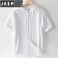 JEEP SPIRIT文藝清新男士亞麻短袖襯衫寬松棉麻料襯衣日系薄款男裝上衣服夏裝 yunyi-303立領(lǐng)白色 2XL