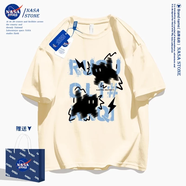 NASA STONE聯(lián)名短袖t恤男女款夏季2025新款寬松純棉半袖美式青少年涼感夏裝 杏色-閃電貓咪 L 推薦體重110-120斤