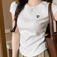 嫻柔不規(guī)則正肩短袖t恤女夏設(shè)計(jì)感弧形下擺抽褶辣妹緊身短款女裝上衣 白花灰【愛(ài)心刺繡】 卡碼拍大 S 【90斤以下】
