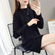 FHHUABD加絨/不加絨毛衣女中長款寬松套頭韓版秋冬季純色百搭針織打底衫 黑色 2XL 建議130-145斤