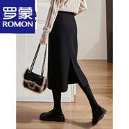 羅蒙（ROMON）半身裙女2024秋冬季新款高級感直筒高腰顯瘦垂感職業(yè)包臀一步裙子 黑色 M