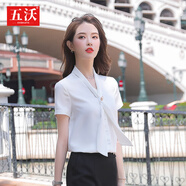 五沃短袖職業(yè)襯衫女設(shè)計(jì)感小眾2025夏新款時(shí)尚氣質(zhì)洋氣飄帶休閑襯衣 白色襯衫+黑色短裙 M