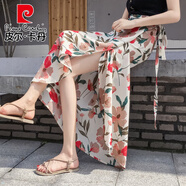 皮爾卡丹（pierre cardin）波西米亞沙灘裙女夏季裹裙2025新款系帶度假圍裙一片式綁帶半身裙 杏色花 6656# L 建議110-120斤