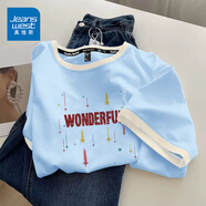 真維斯（JEANSWEST）t恤女2025夏季新款正肩撞色純棉短袖女休閑寬松潮流時(shí)尚百搭體恤 天藍(lán) 奇妙流星 M