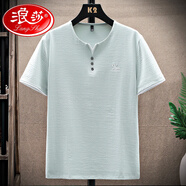 浪莎（LangSha）白色冰絲短袖t恤男夏季潮薄款v領(lǐng)時(shí)尚百搭青年半袖上衣冰感體恤衫 淺藍(lán)色 4XL 可穿170-185斤