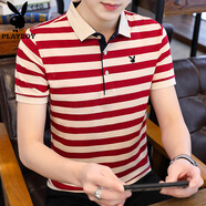 花花公子純棉條紋翻領(lǐng)短袖t恤男高端夏季商務(wù)POLO衫休閑上衣時(shí)尚百搭半袖 1815-紅色 L (115-130斤)
