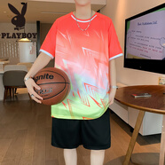花花公子（PLAYBOY）13初高中學(xué)生冰絲短袖t恤12-15歲男孩籃球服套裝14大童速干球衣16 TZ03橙色(短袖+短褲) 品質(zhì)保證 M 80-100斤左右