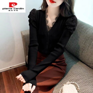 皮爾卡丹（pierre cardin）法式拼接蕾絲毛衣打底衫女春秋2025新款時(shí)尚泡泡袖修身針織衫上衣 黑色/高質(zhì)量 S 80-95斤