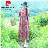 皮爾卡丹（pierre cardin）棉麻連衣裙棉綢女2025春夏新款民族風(fēng)大尺碼收腰顯碎花a字中長(cháng)裙 紅色756 2XL