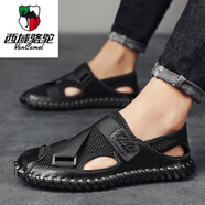 西域駱駝（VANCAMEL）涼鞋夏季新款越南沙灘鞋男士時(shí)尚潮流羅馬編織個(gè)性外穿溯溪休閑鞋 3169黑色 38