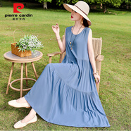 皮爾卡丹夏新款棉綢度假長(cháng)裙子碎花長(cháng)款大碼連衣裙無(wú)袖氣質(zhì)顯瘦吊帶沙灘裙 雪藍色 L 3乂 建議130-145斤
