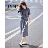 JVH香港潮牌休閑半身裙套裝女 2025夏季新款連帽短袖衛衣T恤運動(dòng)裙子 灰色 短袖T恤＋松緊腰中長(cháng)裙子 M