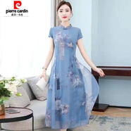 皮爾卡丹（pierre cardin）2025新款改良旗袍裙夏季新款冰絲連衣裙女大碼民族風(fēng)印花氣質(zhì)媽媽 藍(lán)色#單層冰絲 210# M 80-100斤