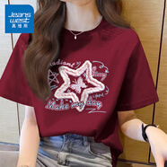 真維斯（JEANSWEST）100%全棉短袖女款夏季2025新款寬松小個(gè)子韓版t恤女裝落肩半袖衫 酒紅 星星與蝴蝶 S