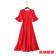 萱圖婭夏季新款清涼棉綢長裙 喇叭袖魚尾連衣裙 顯瘦V領荷葉邊碎花長裙 紅色小豎條紋 L