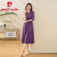 皮爾卡丹（pierre cardin）杭州高端桑蠶絲純色連衣裙木耳邊圓領(lǐng)時尚褶皺顯瘦大擺真絲裙子夏 紫色 3XL