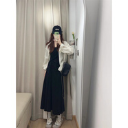 雪妃藍(lán)琪（XUEFEILANQI）連衣裙女裝秋季2025新款搭配一整套法式防曬開衫吊帶裙子衣服套裝 米色襯衫+黑色吊帶裙 XL 【建議120-140斤】