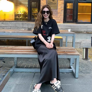 衣然呈品醋酸緞面半身裙女夏季新款高腰顯瘦長款a字月光裙包臀魚尾裙子女 黑色 L 【建議110-130斤】