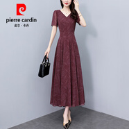 皮爾卡丹（pierre cardin）2026新款中老年雪紡碎花連衣裙女夏大l碼時尚收腰顯瘦氣質大擺長 酒紅色 2XL 【125/135斤】