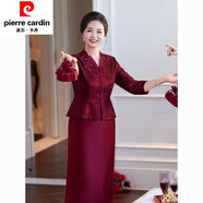皮爾卡丹（pierre cardin）酒紅色喜媽裝婚宴婚禮洋氣春秋旗袍裙喜婆婆領(lǐng)假兩件套禮服 紅色 3XL 建議135-145斤