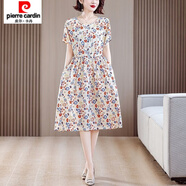 皮爾卡丹（pierre cardin）波點(diǎn)棉綢連衣裙女夏季時(shí)尚外穿洋氣綁帶收腰寬松遮肚短袖過(guò)膝裙子 白色茉莉 XL 【110-120斤】