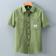 100%純棉高品質(zhì)短袖襯衫男純色夏季日系寬松休閑大碼工裝開(kāi)衫襯衣 軍綠色 1506 XL （145-160斤）