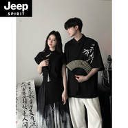 JEEP SPIRIT新中式國風(fēng)情侶裝短袖盤刺繡扣襯衫男夏季鏤空改良旗袍水墨半身裙 女短.袖上衣 S