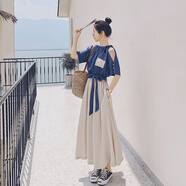 衣典零一假兩件連衣裙女2025夏季新款時尚氣質(zhì)法式復(fù)古收腰顯瘦設(shè)計感長裙 藍色 S （建議90-108斤）