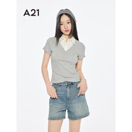 A21女裝針織修身翻領(lǐng)短袖T恤POLO衫美式復(fù)古假兩件上衣 淡花灰 S