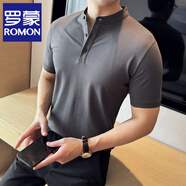 羅蒙（ROMON）純色正肩短袖Polo領(lǐng)衫男春秋潮牌亨利領(lǐng)T恤韓版修身男士短袖體恤 深灰色 4XL