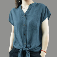 玖卡依冰絲雪紡衫短袖襯衫女夏季新款襯衣女寬松顯瘦蝴蝶結大碼女裝上衣 灰藍色 2XL 建議130-145斤
