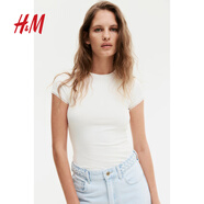 H&M女裝T恤2025秋新款修身蕾絲羅紋修身波嬉風穿搭短袖上衣1259418 奶油色 XS 155/80