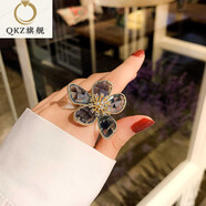 QKX日韓水晶花朵戒指復(fù)古合金可調(diào)節(jié)大碼指環(huán)輕奢個性女孩粉色開口戒 灰色