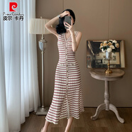 皮爾卡丹（pierre cardin）高級(jí)感氣質(zhì)女神范條紋針織連衣裙女法式優(yōu)雅無(wú)袖V領(lǐng)修身顯瘦長(zhǎng)裙 紅杏條紋 L