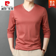 皮爾卡丹（pierre cardin）V領(lǐng)純棉長袖t恤男絲光棉雞心領(lǐng)打底衫韓版春秋季全棉內(nèi)搭白色體恤 55201橘色 XL 180/100A