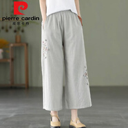 皮爾卡丹（pierre cardin）2025夏季復古民族風(fēng)繡花盤(pán)扣棉麻純色松緊腰寬松直筒闊 淺灰色今年流行的輕奢品牌 M 80-100斤