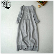 弄堂里苧麻精致刺繡連衣裙女夏季寬松V領(lǐng)純色七分袖套頭輕盈大擺A字長(cháng)裙 灰色 均碼