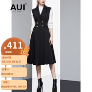 AUI 連衣裙女秋歐洲站2022新款時尚女裝黑色氣質(zhì)中長款雙排扣西裝裙 黑色 S