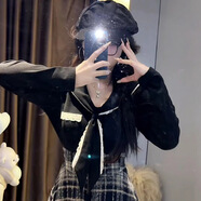 姿偉祺大碼女裝韓系套裝女小眾遮肉長袖上衣格紋魚骨束腰長裙顯瘦兩件 黑色上衣 M 建議80-100斤