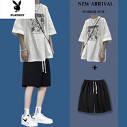 花花公子2022年夏季男生新款青少年短褲五分袖大碼寬松百搭套裝情侶款 T190白+短褲黑 S