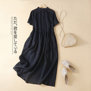 美琪誠品文藝亞棉麻復古短袖連衣裙女2024夏季新款顯瘦中長(cháng)款寬松襯衫裙子 黑色 2XL【建議155-165斤】