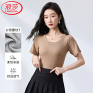 浪莎純色圓領(lǐng)T恤女夏季經(jīng)典螺紋彈力修身顯瘦百搭顯胸大打底衫上衣
